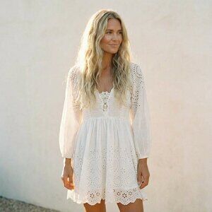 Free People White Lottie Eyelet lace Mini Summer Dress Medium